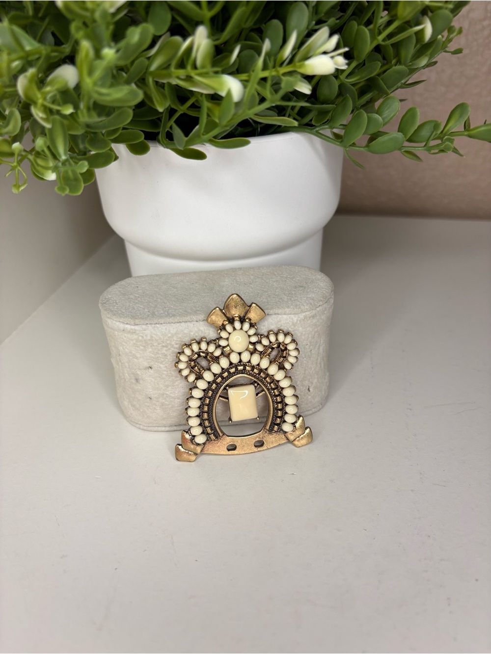 Vintage Antique Gold Crown Brooch Pin Cream Faux Pearl Statement Piece